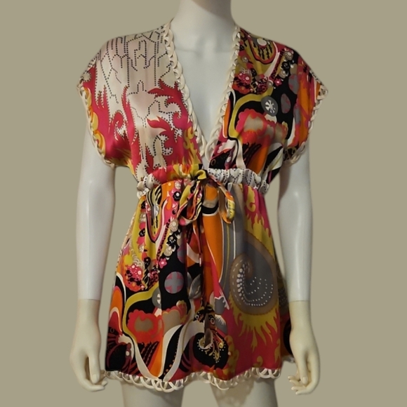 ALICE & TRIXIE Satin Colorful Mod Tie Waist Silk Tunic - Picture 1 of 8